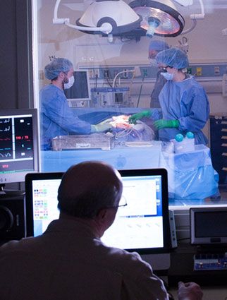 Man looking at computer while operation is happening in front of him